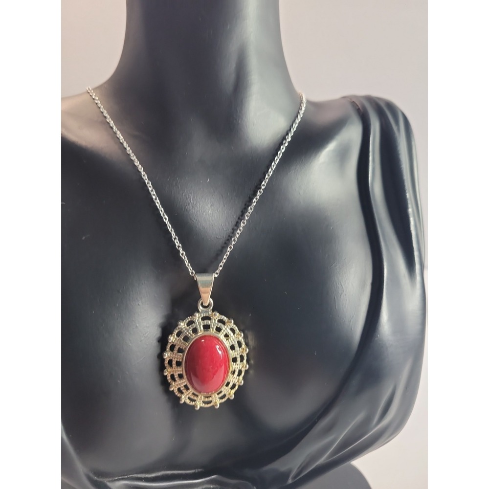 Silver Tone Red Cabochon Pendant Necklace Oval Filigree Vintage Style